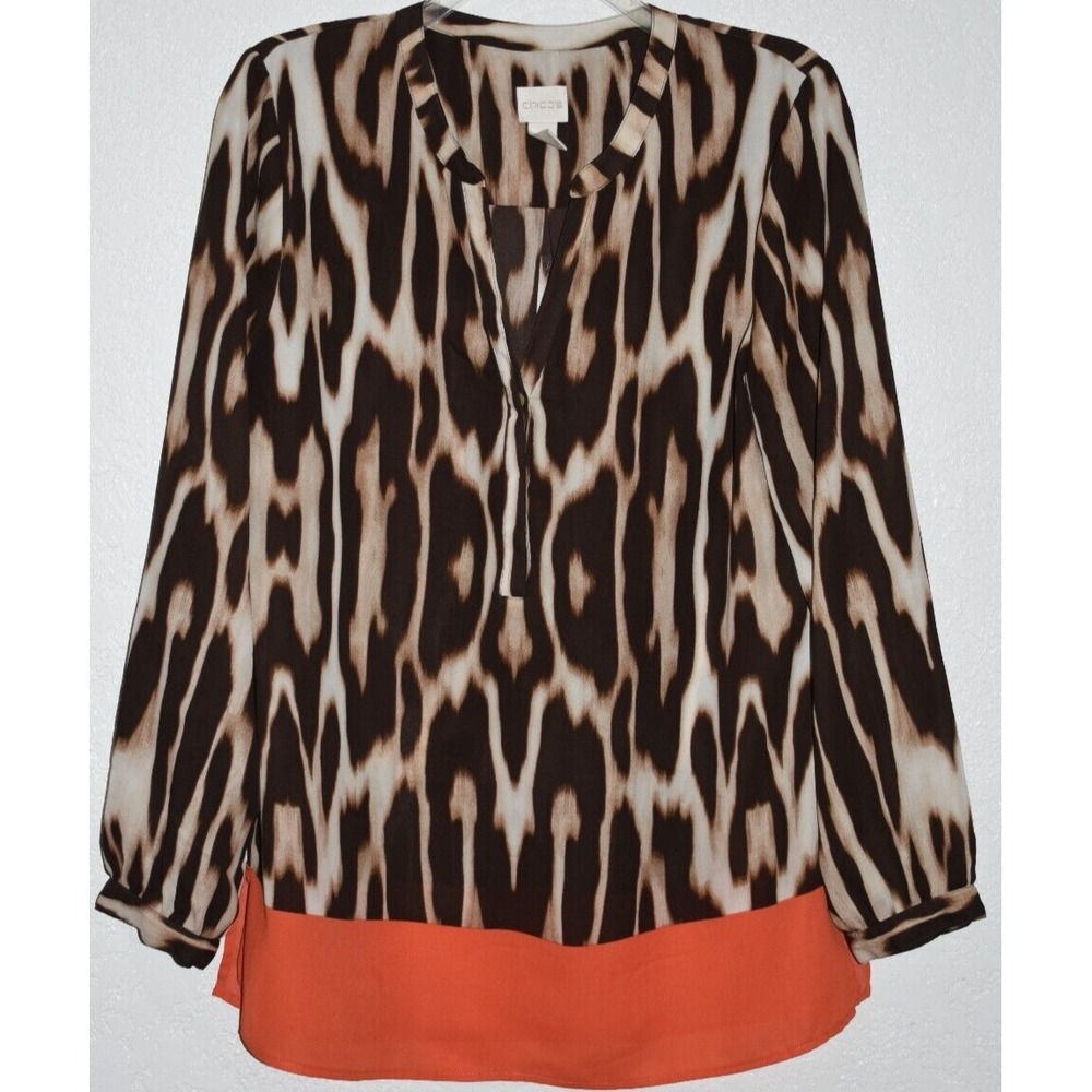 Chicos 1 M Blouse Captivating Split V-neck Animal Print Color Border Long sleeve